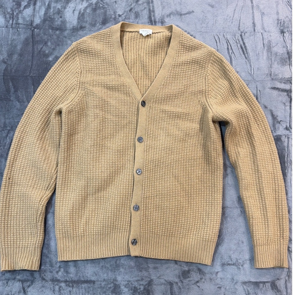 Club Monaco Cardigan Mens Tan 100% Italian Wool Waffle Knit Sweater Large